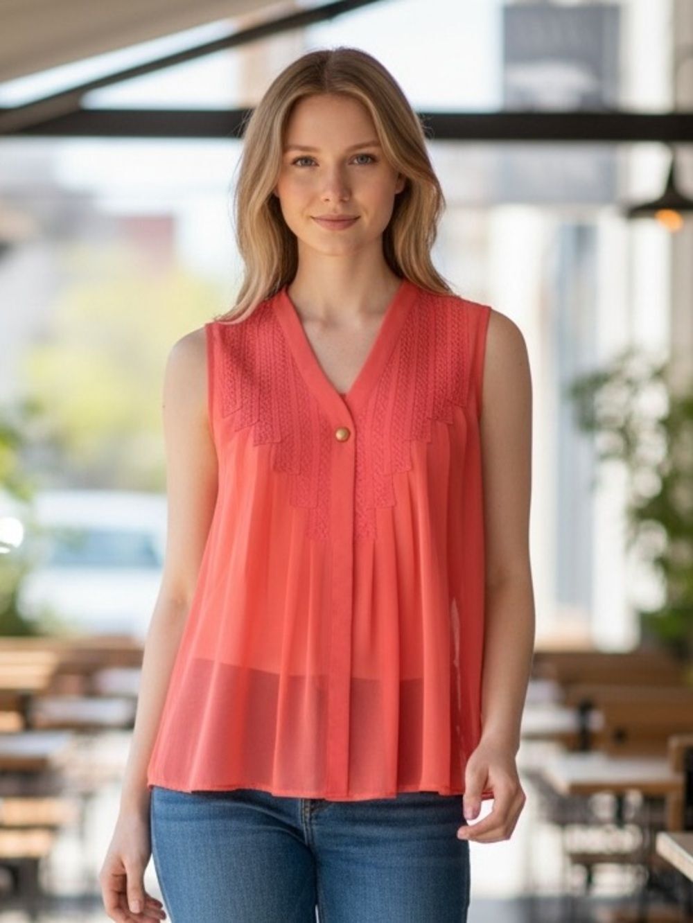 NWT Gianni Bini Coral Sleeveless Blouse with Lace Detail